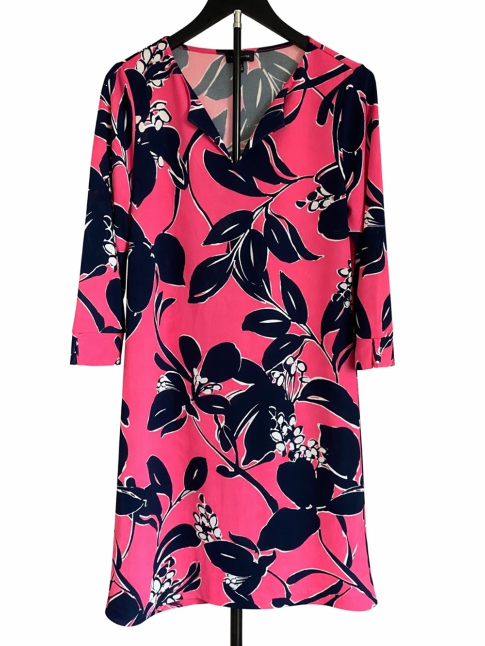 The Limited Bright Pink Floral V-Neck Shift Dress with Navy Print